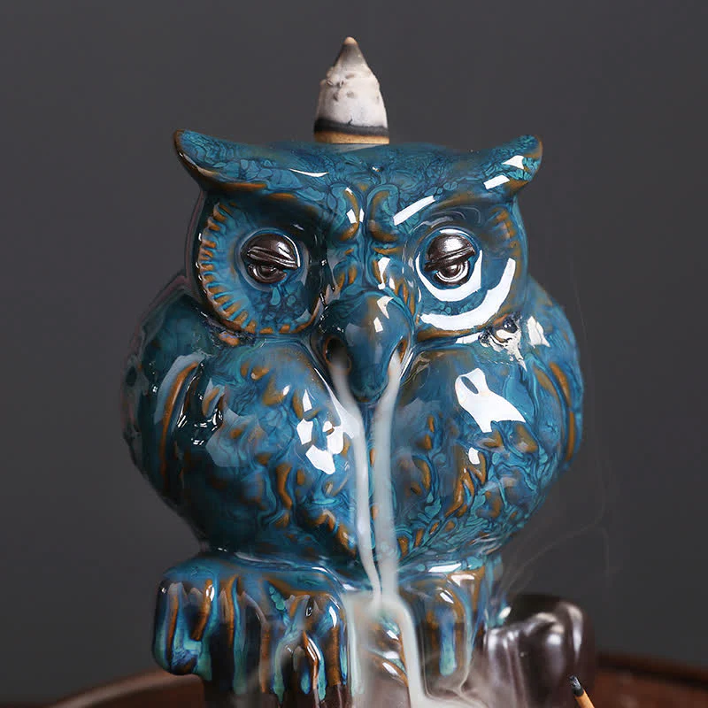 Buddha Stones Cute Owl Ceramic Backflow Smoke Fountain Meditation Healing Incense Burner Decoration