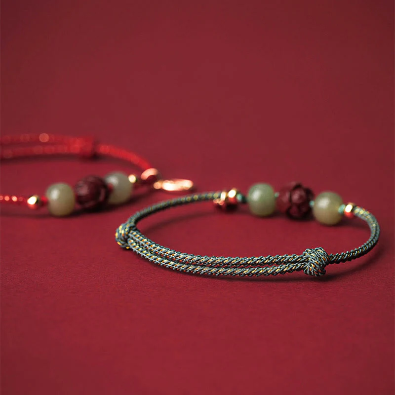 Buddha Stones 14K Gold Plated Hetian Jade Cinnabar Lotus Luck Handcrafted Rope Bracelet