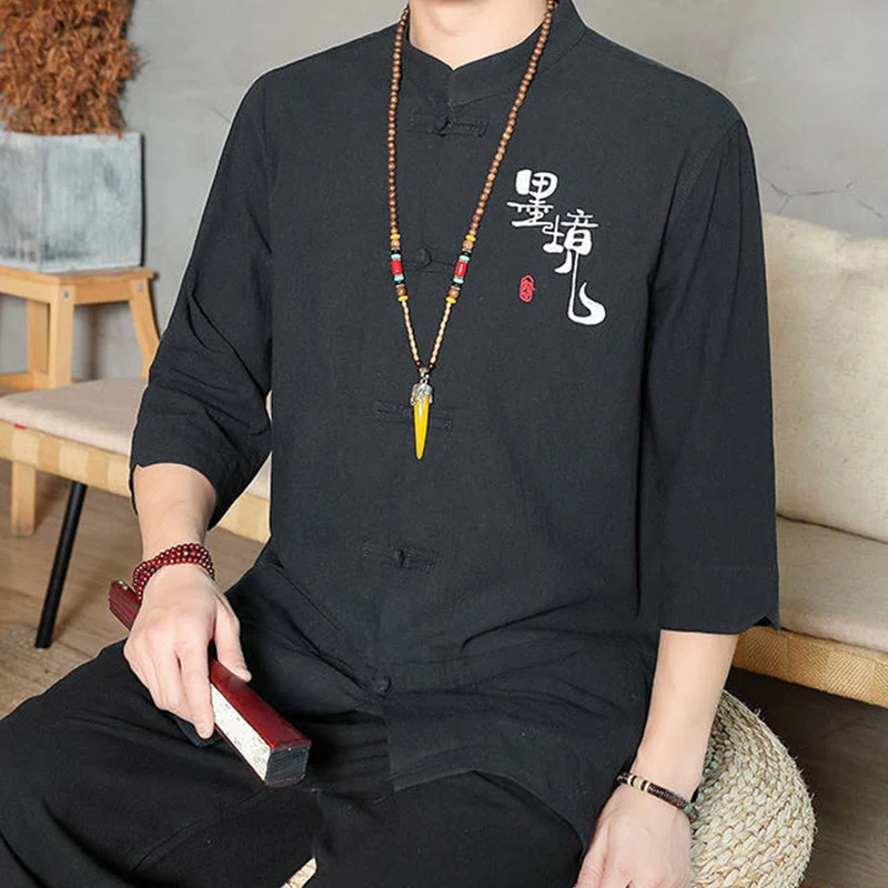Buddha Stones Frog-Button Chinese Tang Suit Three Quarter Sleeve Cotton Linen Men's Shirt