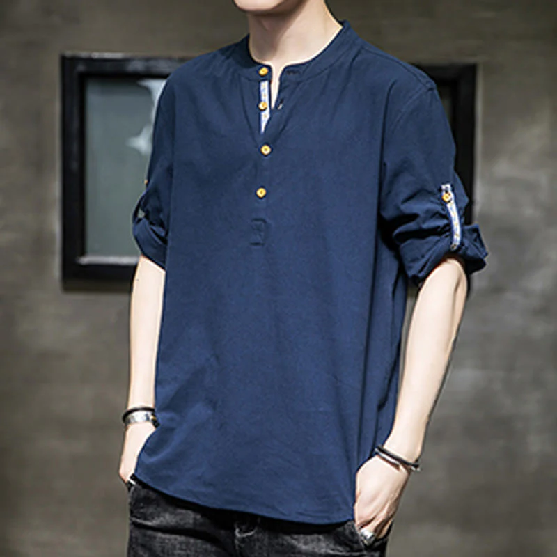 Buddha Stones Summer Solid Men's Half Buttons Half Sleeve Linen Shirt