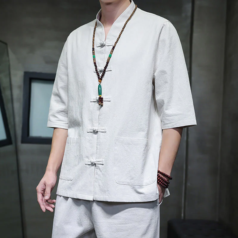 Buddha Stones 2Pcs Tang Suit Frog-Button Design Shirt Pants With Pockets Men's Cotton Linen Meditation Cloth Set