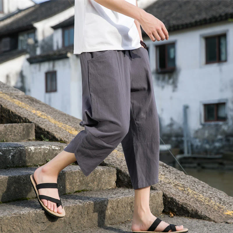 Buddha Stones Summer Casual Simple Plain Tapered Design Drawstring Men's  7-8 Length Cotton Linen Pants With Pockets