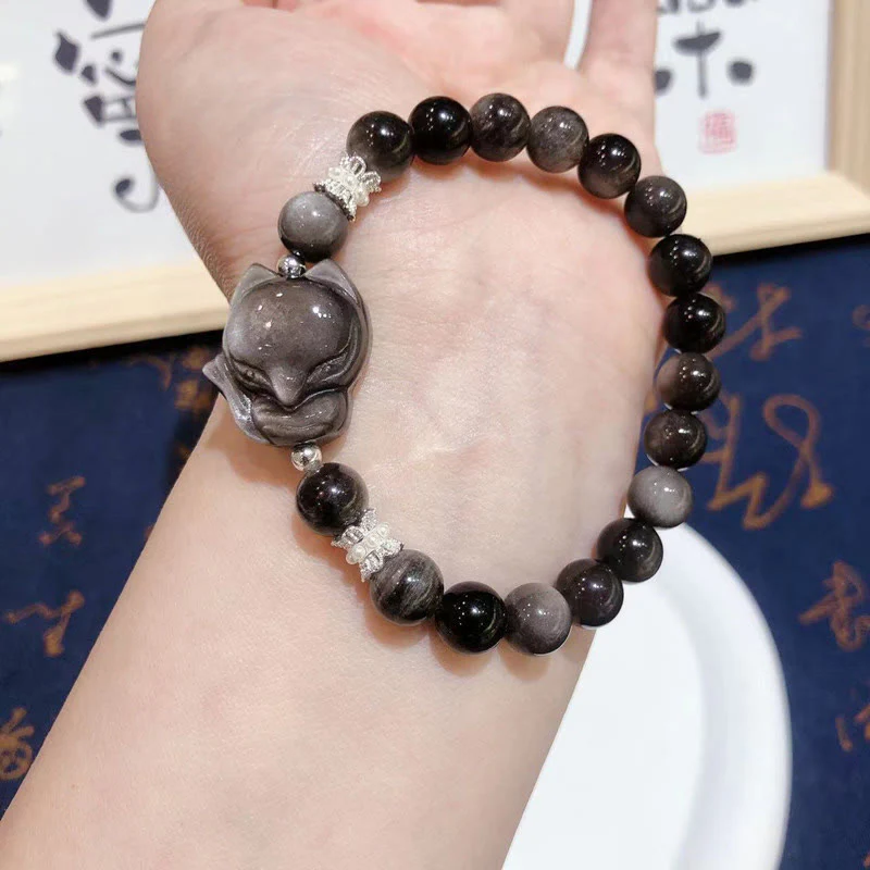 Buddha Stones Natural Silver Sheen Obsidian Nine Tailed Fox Communication Bracelet