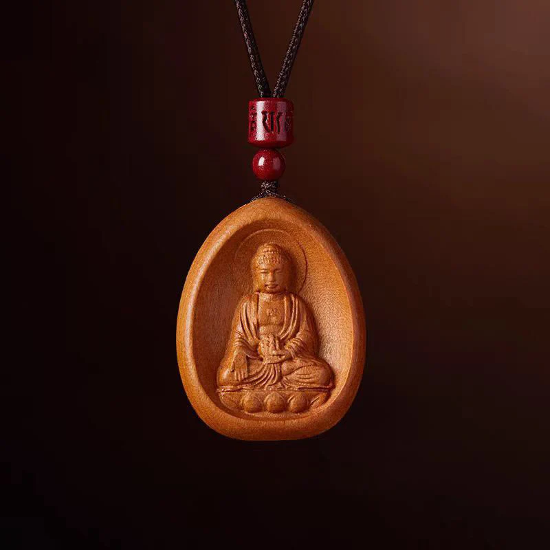 Buddha Stones Peach Wood Cinnabar Om Mani Padme Hum Chinese Zodiac Black String Necklace Pendants
