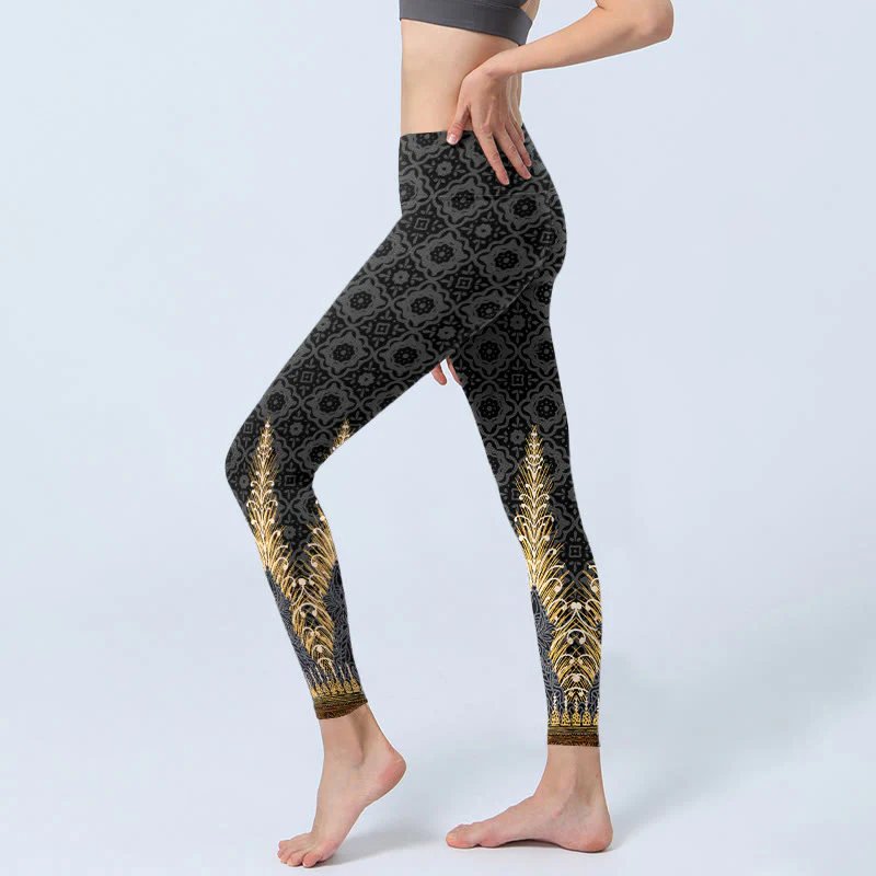 Buddha Stones Dark Gray Geometric Gold Feather Print Gym Leggings Women's Yoga Pants
