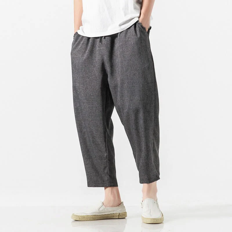 Buddha Stones Summer Plain Men's 7-8 Length Cotton Linen Pants With Pockets