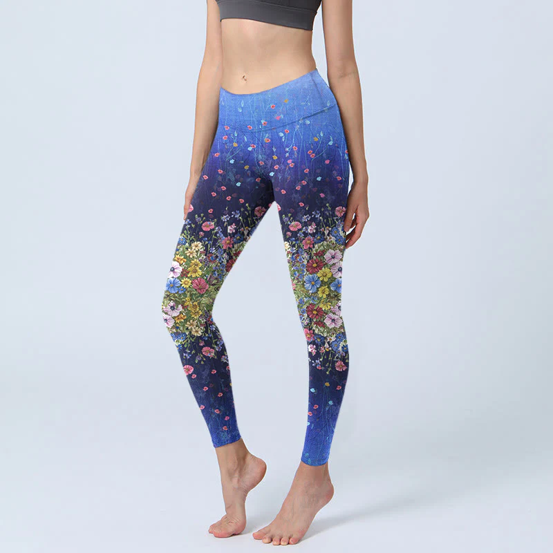 Buddha Stones Gradient Color Flower Pattern Print Gym Leggings Women's Yoga Pants