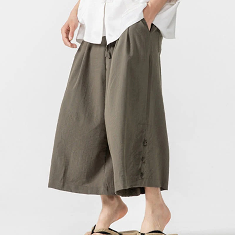 Buddha Stones Casual Loose Frog-Button Plain Men's Cotton 7-8 Length Wide Leg Pants With Pockets