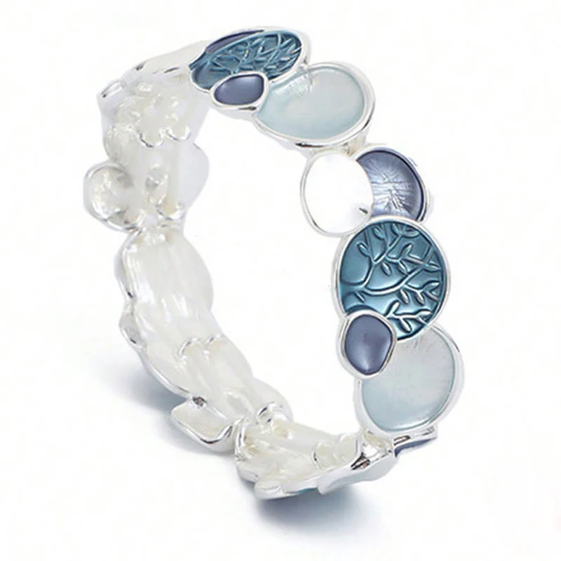Buddha Stones The Tree Of Life Round Pattern Unity Alloy Elastic Bracelet Bangle