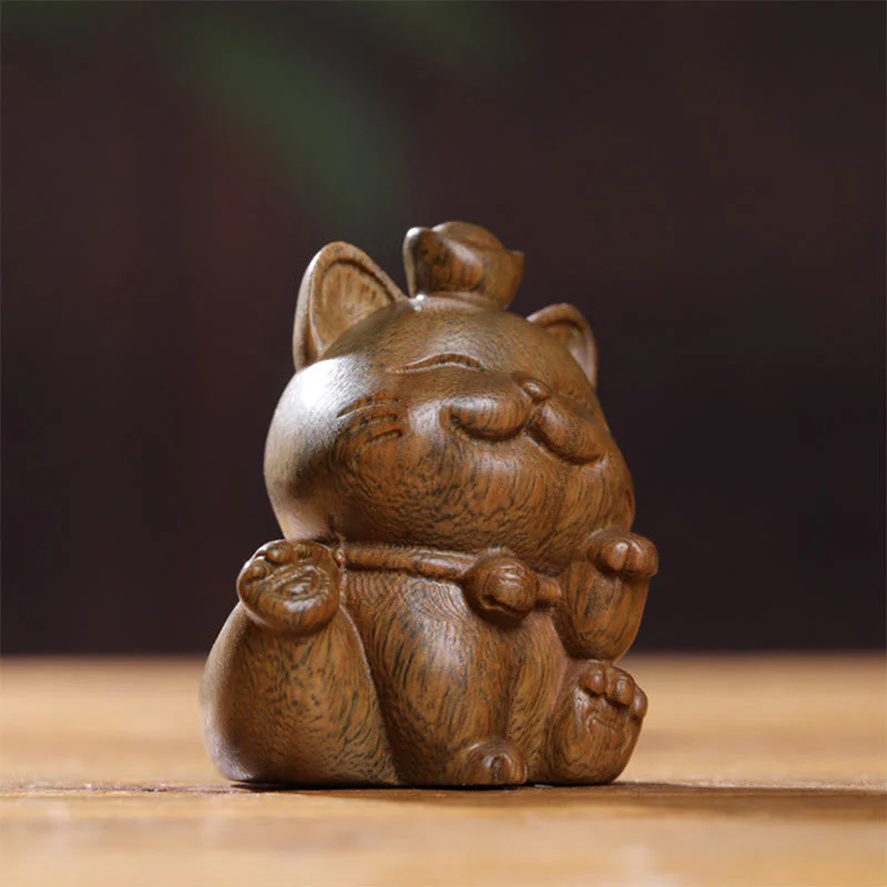 Buddha Stones Mini Green Sandalwood Ingot Lucky Cat Carved Peace Desk Decorations