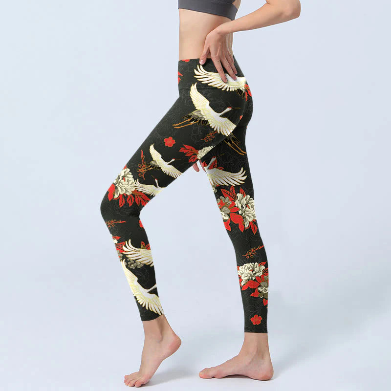 Buddha Stones Red-crowned Cranes Peony Flowers Pattern Print Gym Leggings Women's Yoga Pants