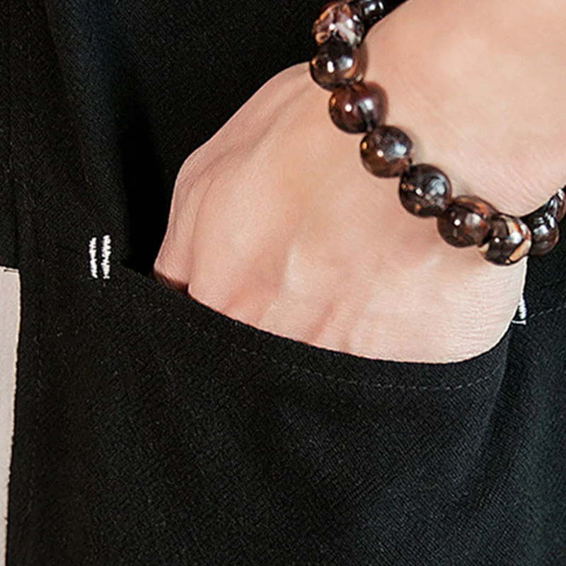 Buddha Stones Lace-Up Design Open Front Jacket Cotton Linen Men's Kimono With Pockets