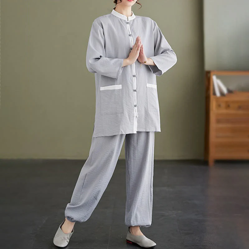 Buddha Stones 2pcs Cotton Tai Chi Shirt Top Pants Meditation Zen Clothing Women's Set