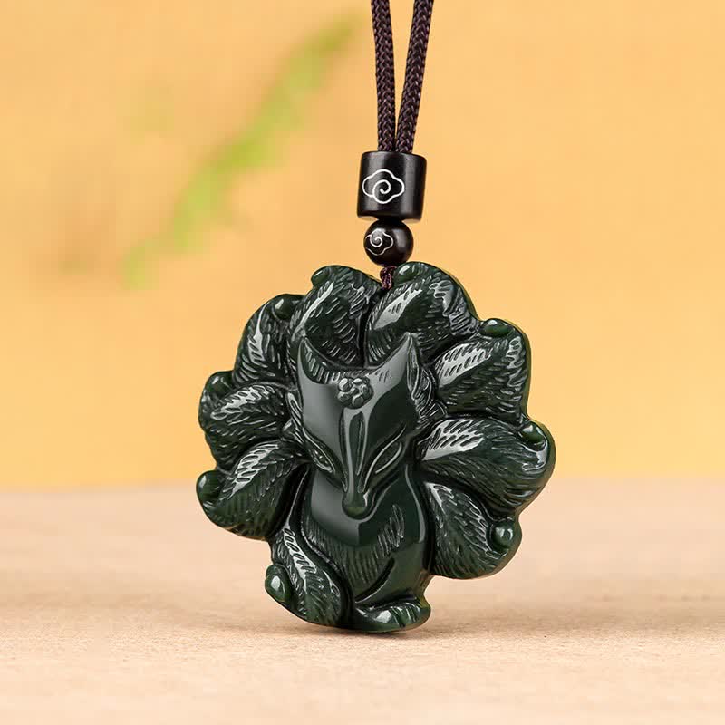 Buddha Stones Hetian Cyan Jade Nine Tailed Fox Luck Necklace String Pendant