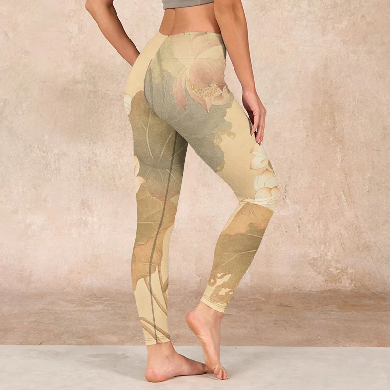 Buddha Stones Lotus Flowers Leaves Print Gym Leggings Women's Yoga Pants