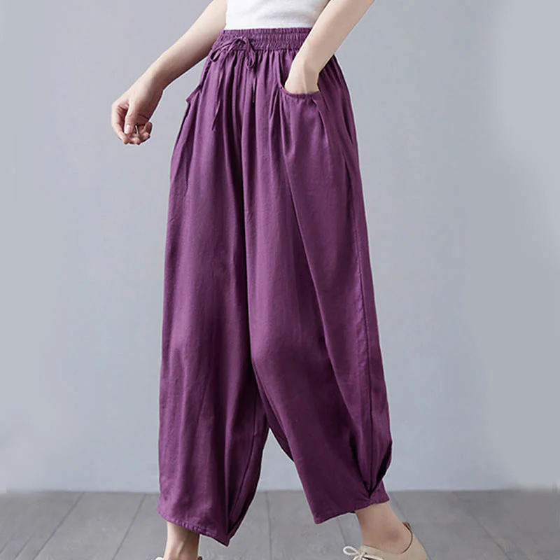 Buddha Stones Summer Plain Cropped Pants Women's Cotton Linen Harem Pants With Pockets