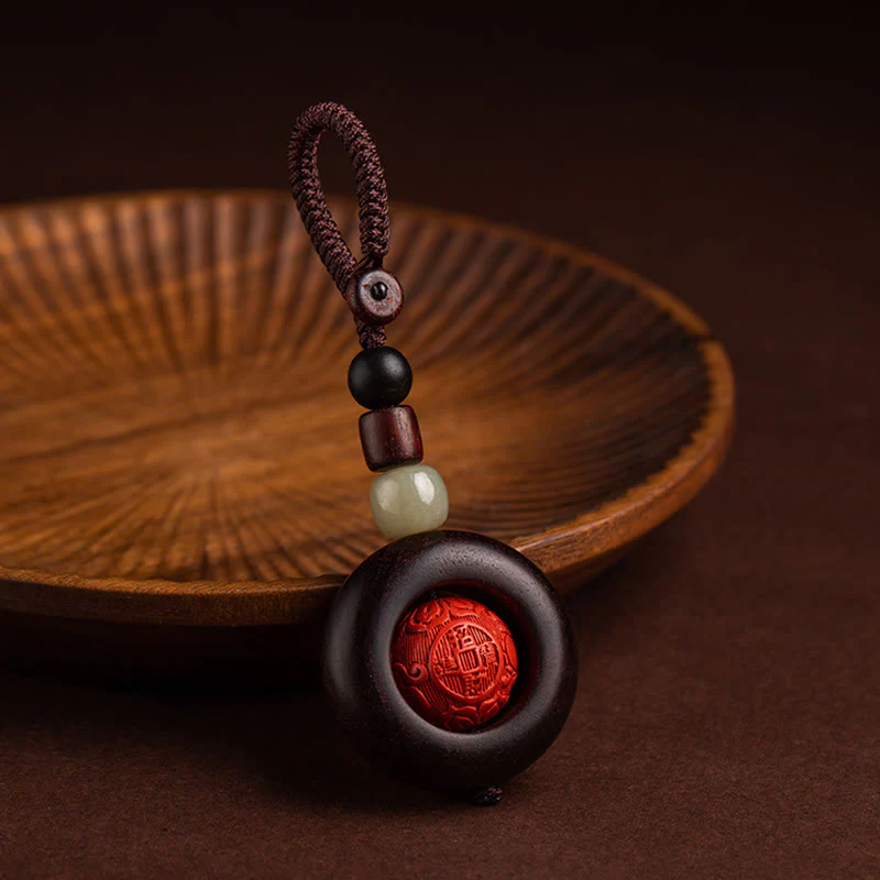 Buddha Stones Tibet Om Mani Padme Hum PiXiu Copper Coin Small Leaf Red Sandalwood Cinnabar Protection Key Chain