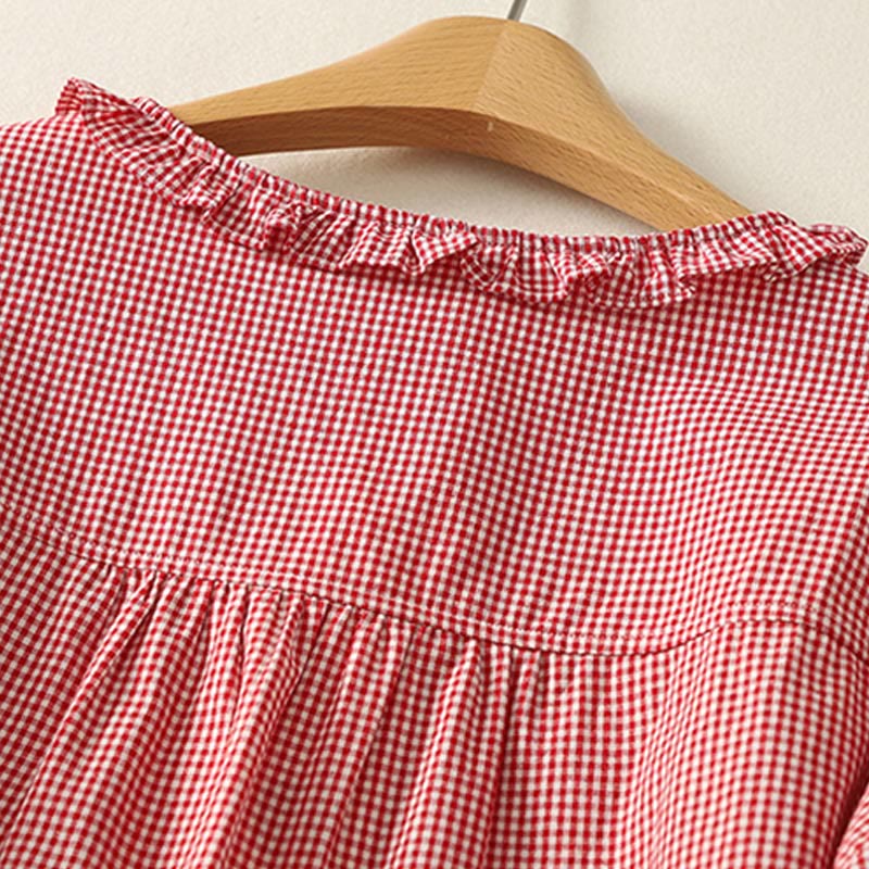 Buddha Stones Spring Plaid Ruffled Crew Neck Design Three Quarter Sleeve Cotton Women's Shirt