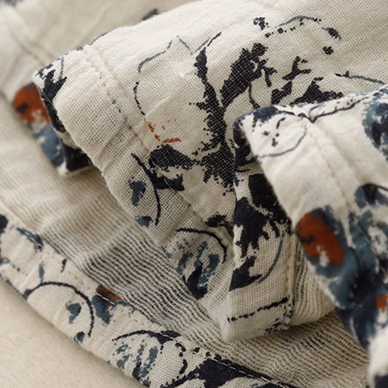 Buddha Stones Casual Small Floral Pattern Crew Neck Cotton Linen Midi Dress With Pockets