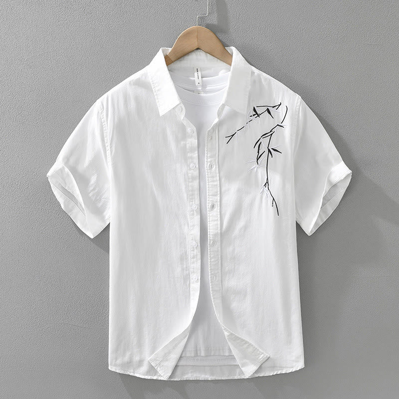 Buddha Stones Artistic Simple Design Embroidery Bamboo Pattern Men's Short Sleeve Cotton Shirt
