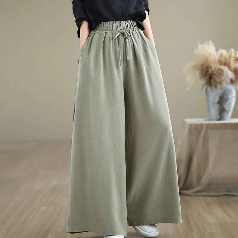 Buddha Stones Commute Plain Simple Lace-Up Design Women's Wide Leg Cotton Linen Pants With Pockets