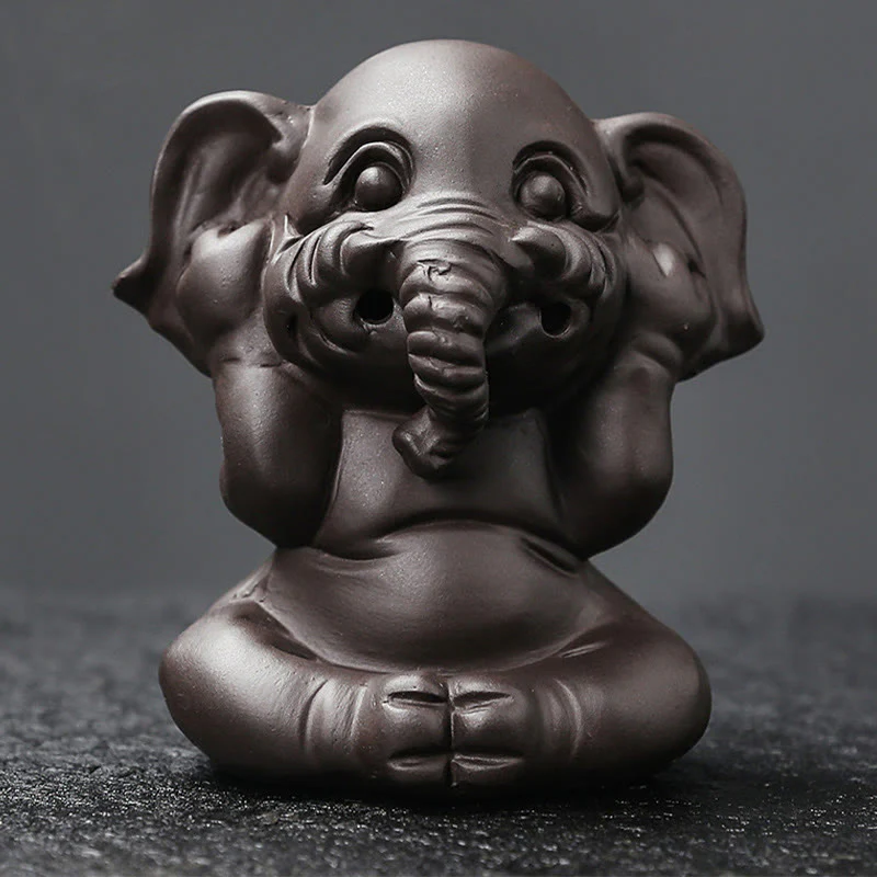 Buddha Stones Cute Elephant Purple Clay Backflow Smoke Fountain Peace Healing Incense Burner Decoration