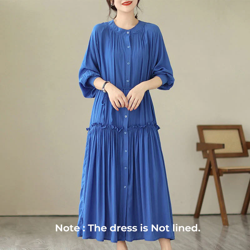 Buddha Stones Casual Plain Crew Neck Pleated Polyester Midi Dress With Pockets