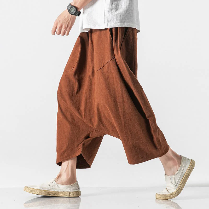 Buddha Stones Casual Low Crotch Design Drawstring Men's 7-8 Length Cotton Linen Wide Leg Pants With Pockets