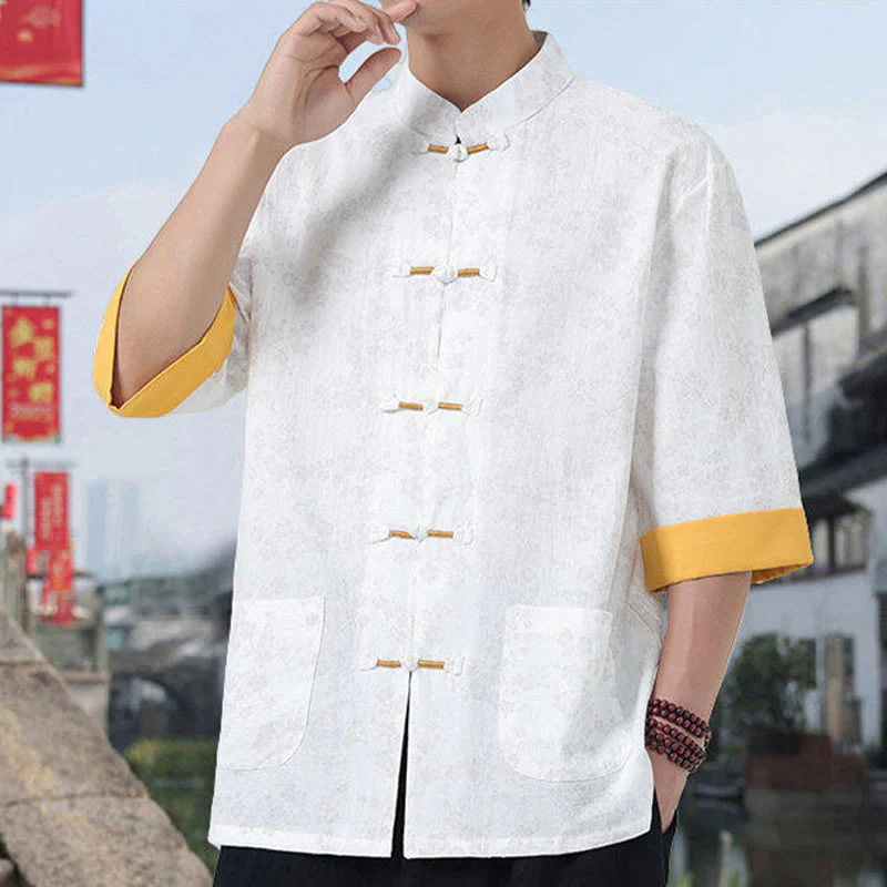 Buddha Stones Retro Printing Flower Pattern Frog-Button Design Stand Collar Men's Half Sleeve Cotton Shirt With Pockets