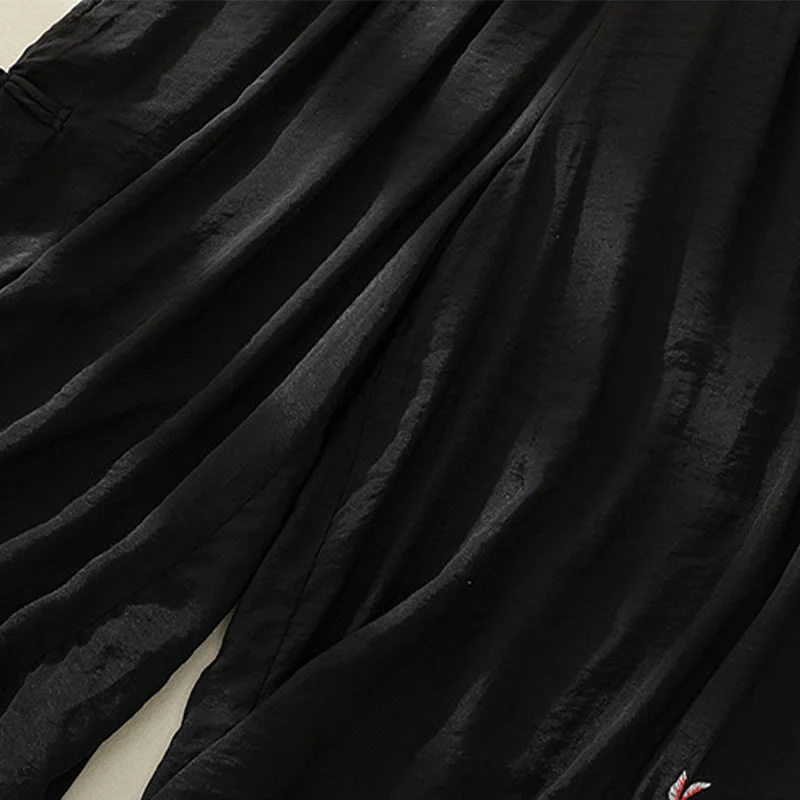 Buddha Stones Artistic Embroidery Flower Double Layer Chinese Frog Button Split Cotton Linen Women's Wide Leg Pants