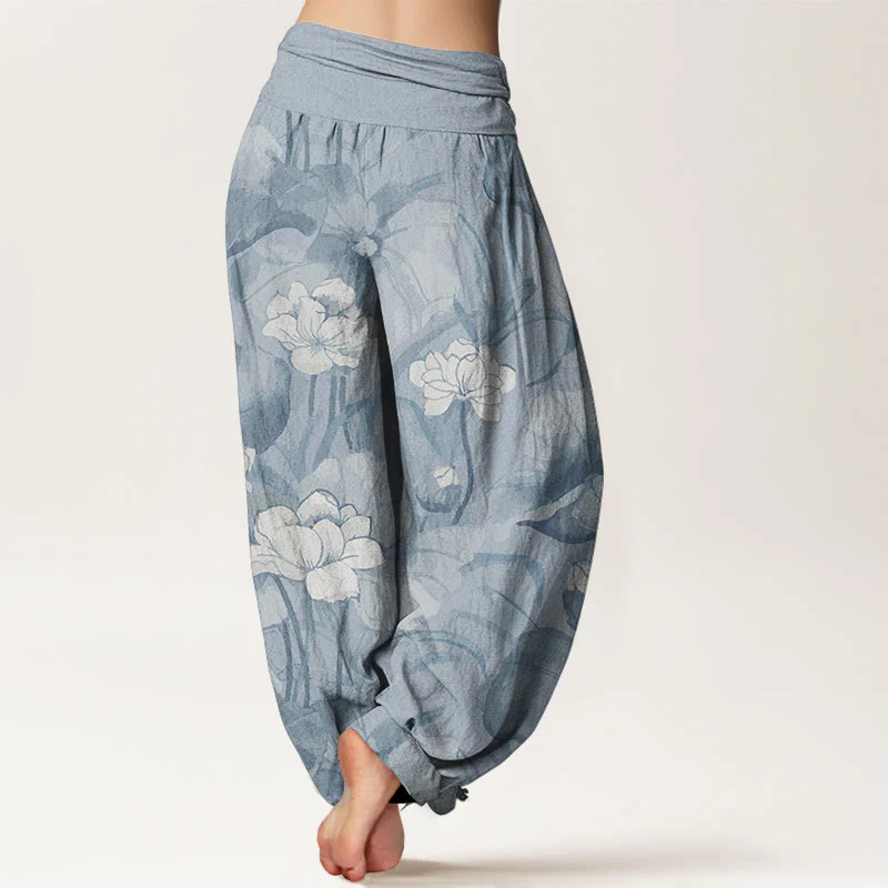 Buddha Stones Pure Cotton Lotus Design Women's Elastic Waist Harem Pants