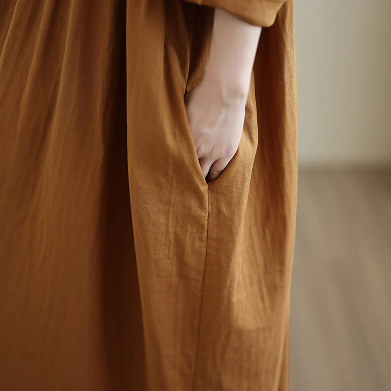 Buddha Stones Fall Hoodie Design Long Sleeve Cotton Linen Midi Dress With Pockets