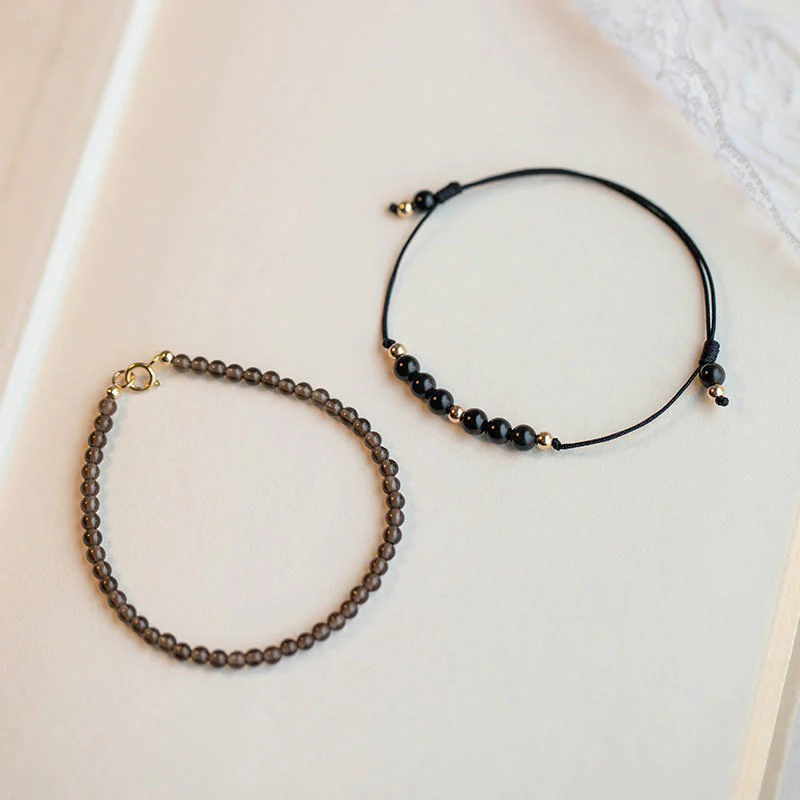 Buddha Stones Smoky Quartz Black Obsidian Ultra-thin Beads Success Bracelet
