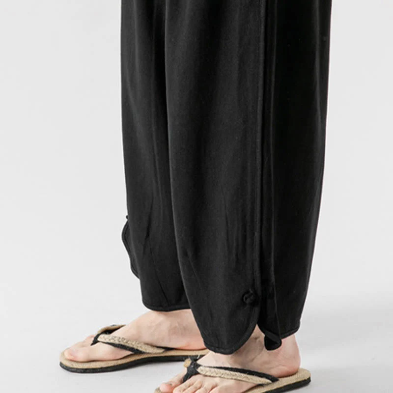 Buddha Stones Casual Loose Frog-Button Plain Men's Cotton Linen 7-8 Length Pants With Pockets