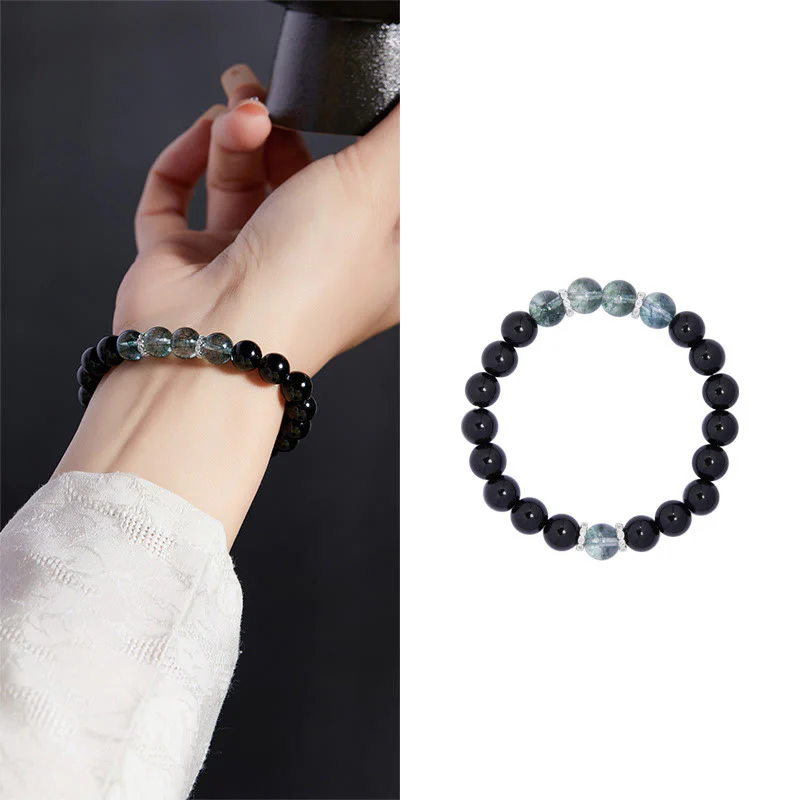 Buddha Stones 925 Sterling Silver Black Obsidian Green Phantom Strength Bracelet
