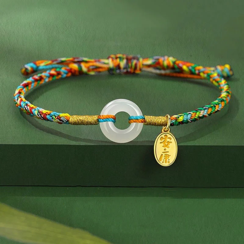Buddha Stones Handmade Peace Buckle Jade Prosperity 925 Sterling Silver Colorful Rope Bracelet