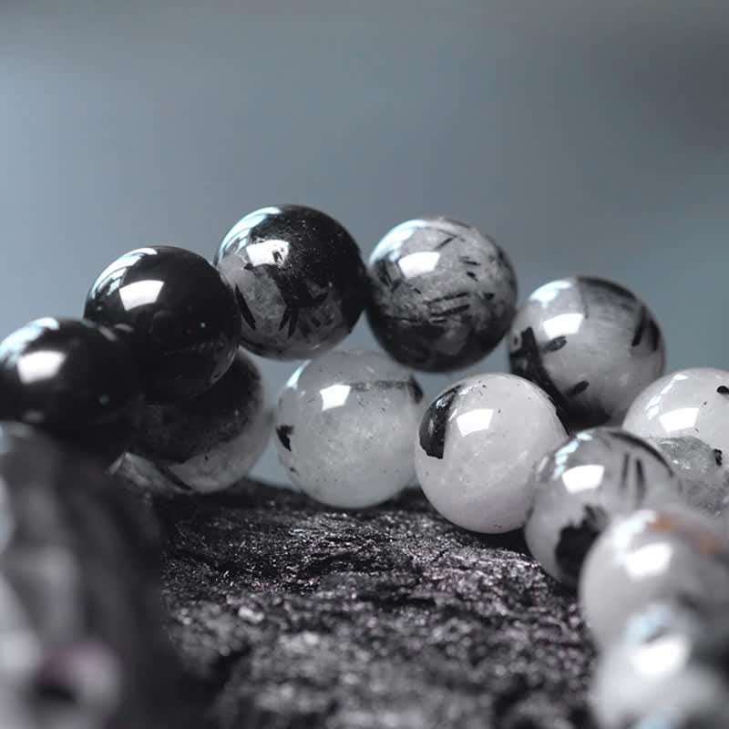 Buddha Stones Black Rutilated Quartz Ebony Wood White Crystal Success Couple Bracelet