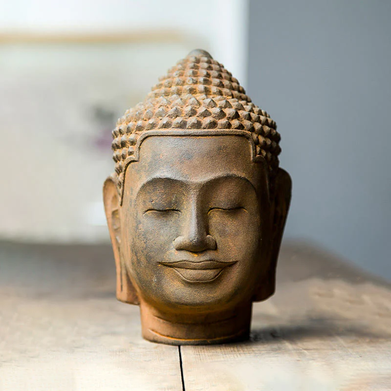 Buddha Stones Closed Eyes Contemplation Meditating Buddha Head Iron Powder Rust Cast Resin Statue Home Decoration