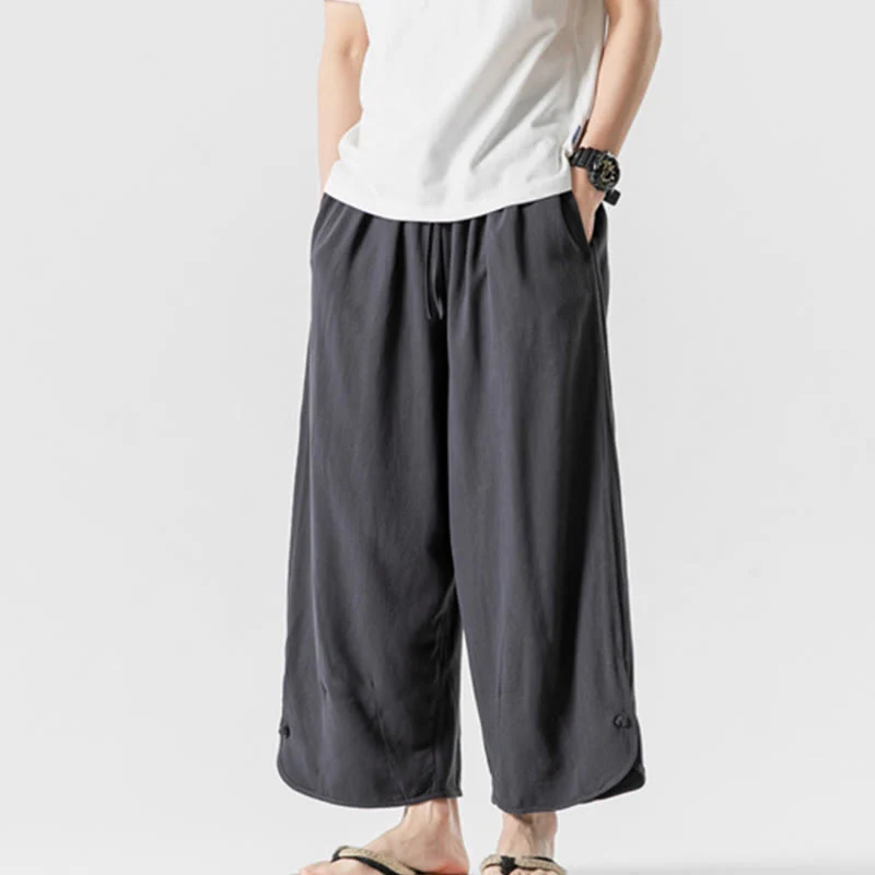 Buddha Stones Casual Loose Frog-Button Plain Men's Cotton Linen 7-8 Length Pants With Pockets