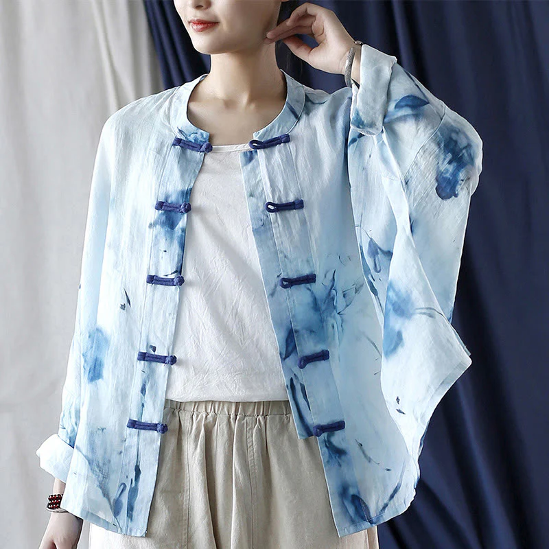Buddha Stones Tie Dye Blue Flowers Frog-Button Design Long Sleeve Ramie Linen Jacket Shirt