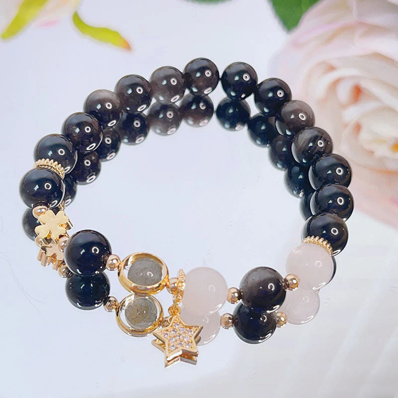 Buddha Stones Natural Silver Sheen Obsidian Love Heart Star Flower Protection Bracelet (Extra 30% Off | USE CODE: FS30)