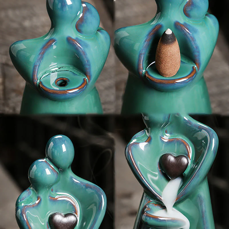 Buddha Stones Lovers Couple Embrace Love Ceramic Backflow Smoke Fountain Healing Incense Burner Decoration