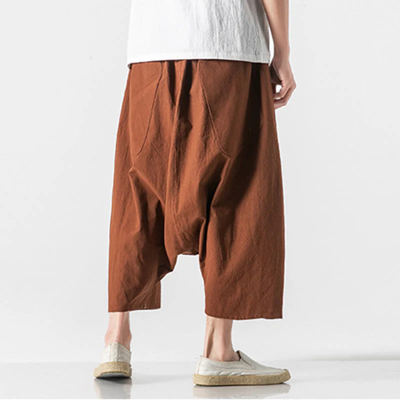 Buddha Stones Casual Low Crotch Design Drawstring Men's 7-8 Length Cotton Linen Wide Leg Pants With Pockets