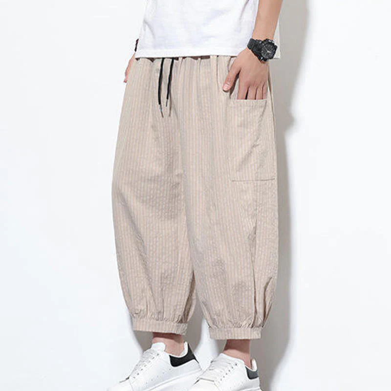 Buddha Stones Casual Striped Men's Cotton 7-8 Length Harem Pants With Pockets