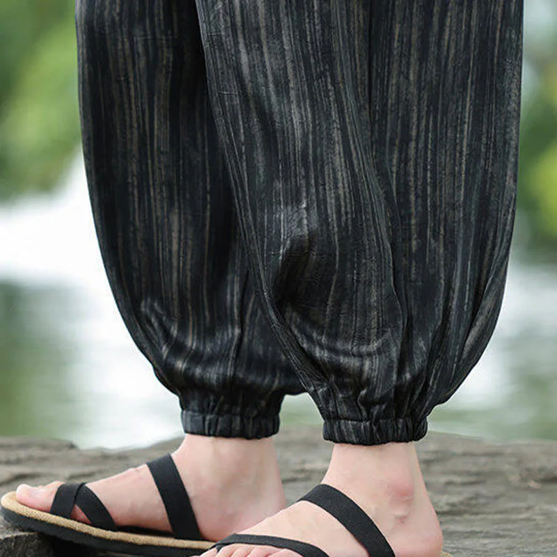 Buddha Stones Summer Black Stripes Drawstring Men's Harem Pants With Pockets