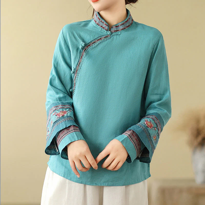 Buddha Stones Embroidered Slanted Buttons Cotton Linen Women's Shirt