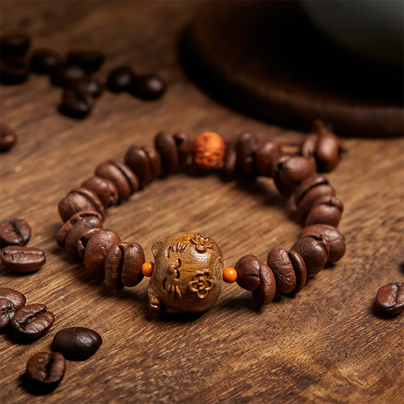 Buddha Stones Handmade Lucky Cat Real Coffee Beans Sandalwood Bracelet