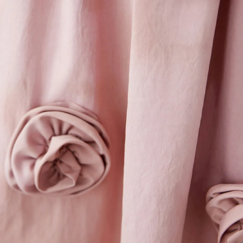 Buddha Stones Three-Dimensional Flower Design Ruffled Neck Cotton Linen Midi Dress With Pockets