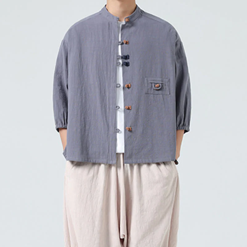 Buddha Stones Summer Frog-Button Front Stand Collar Men's Three Quarter Sleeve Cotton Shirt Cardigan With Pocket