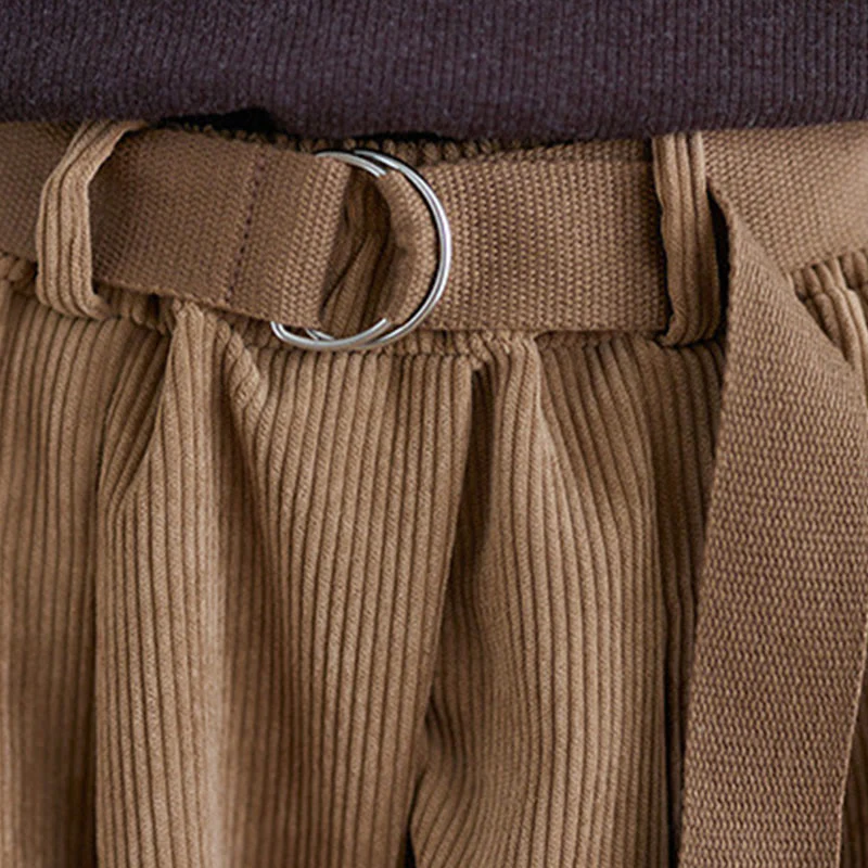 Buddha Stones Retro Women's Wide Leg 7-8 Length Corduroy Cotton Pants With Pockets Belt